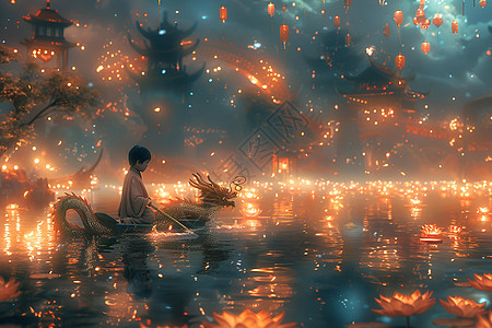 河面的烛光和船只图片