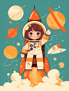 小女孩坐在火箭上图片
