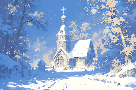树林里冰雪覆盖的教堂高清图片