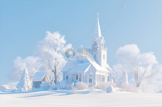 蓝天雪地上的教堂图片