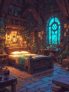 女巫小屋里的一张木床图片