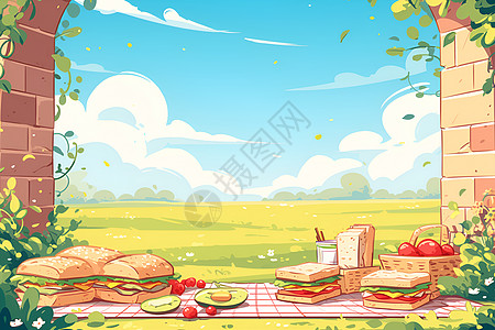 牛油果三明治野餐布上的三明治插画