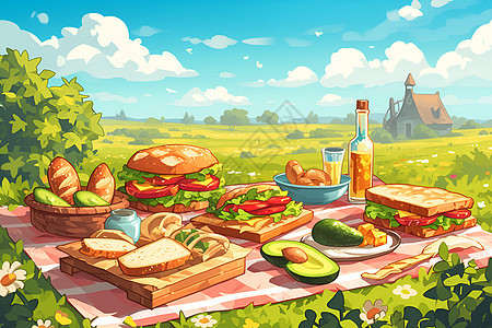 野餐布上的牛油果和面包图片
