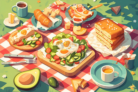 野餐布上的面包和鸡蛋图片