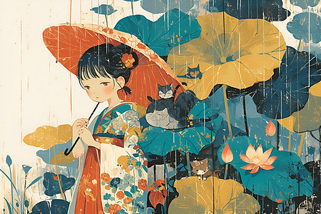 雨中撑着伞的女孩背景图片