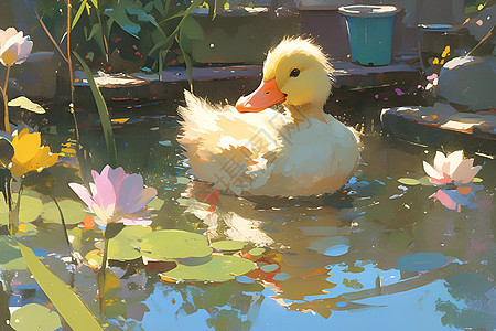 池塘中的鸭子油画图片