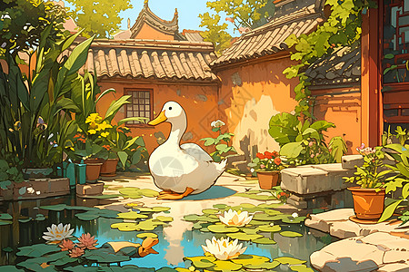 小池塘中的可爱鸭子图片