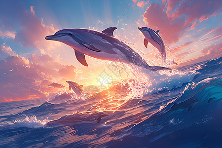 日落时海洋中跳跃的海豚图片