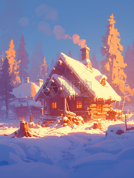 冬日小屋与森林图片