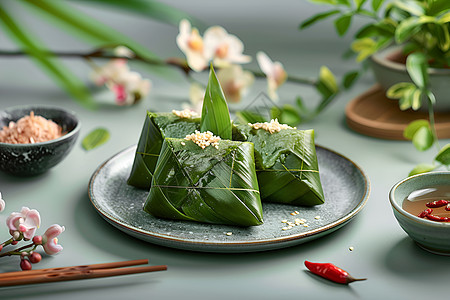 绿竹叶包裹的粽子图片