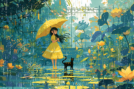 雨中的少女与猫儿图片