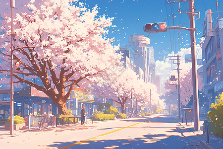 樱花盛开的春日街景图片