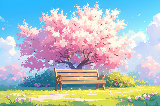 桃花树下的长椅图片