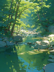 阳光照耀的溪流与森林图片