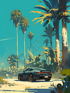 棕榈树林小路上的汽车图片