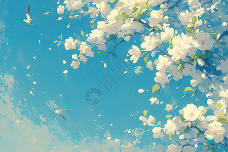 蓝天下的白色花枝图片