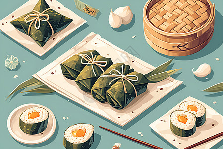 餐桌上的粽子寿司图片