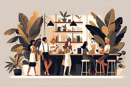 私密聚会热闹的咖啡馆插画