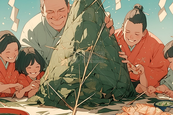 家人围坐吃粽子图片