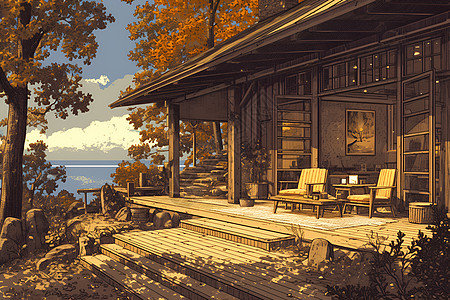 秋日树林里的木屋高清图片