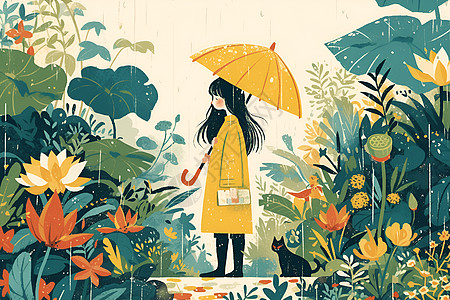 女孩的黄色雨伞图片