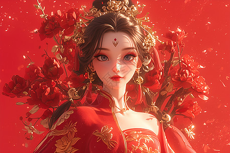 花丛里的红衣新娘图片