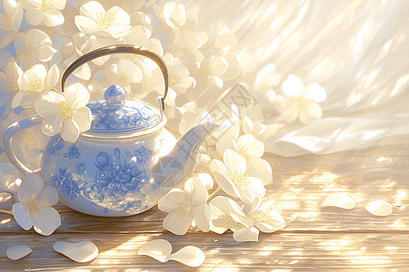 白花间的茶壶图片