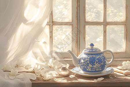 窗户下的茶壶图片