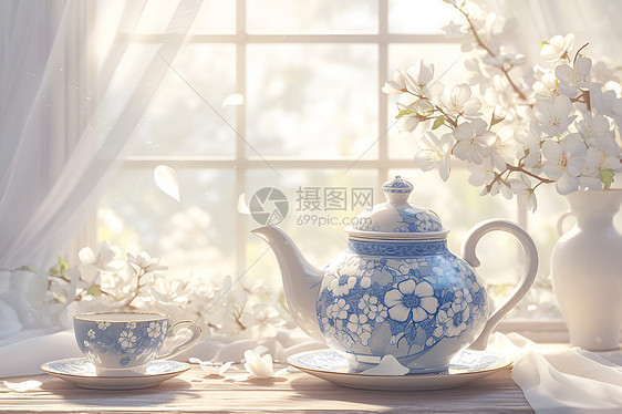 清新雅致蓝白瓷茶壶图片