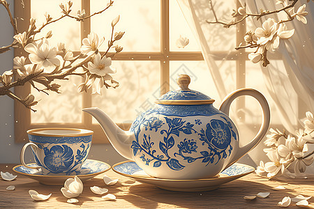 花瓣间的青花茶具背景图片