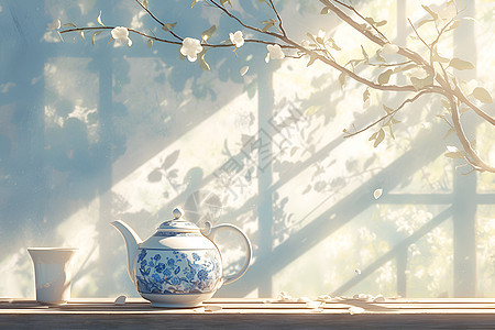 阳光里的茶具背景图片