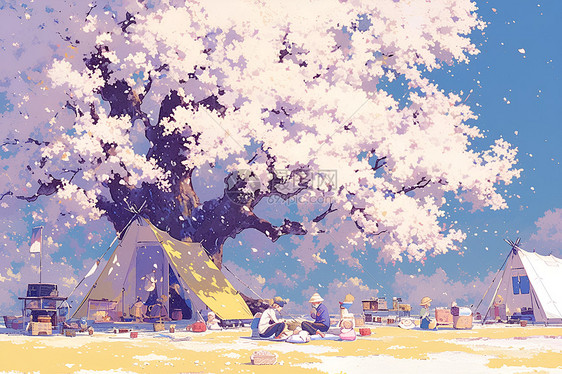樱花树下的帐篷图片