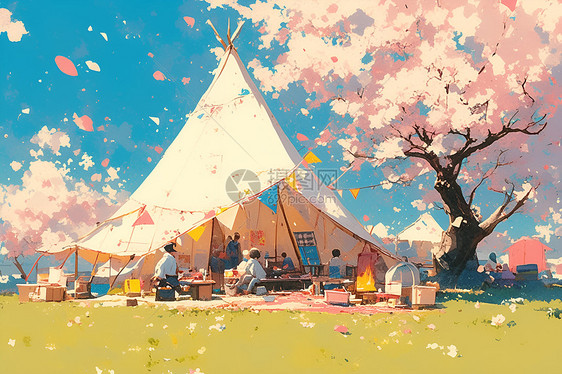 樱花树下的露营图片