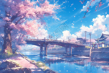 蓝天下的樱花桥梁图片