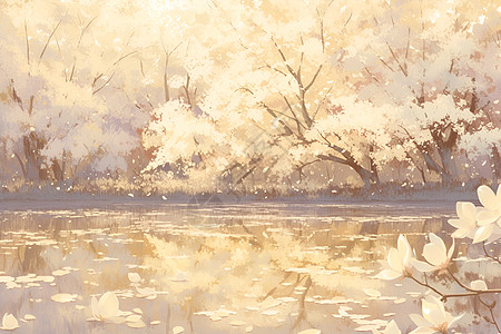 河畔盛开的樱花树图片