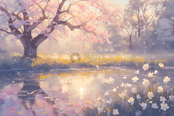 宁静河畔的樱花树图片