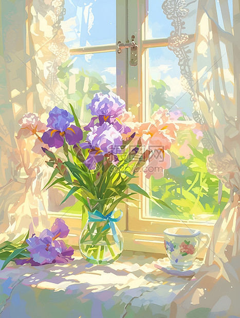 阳光照耀的花瓶图片