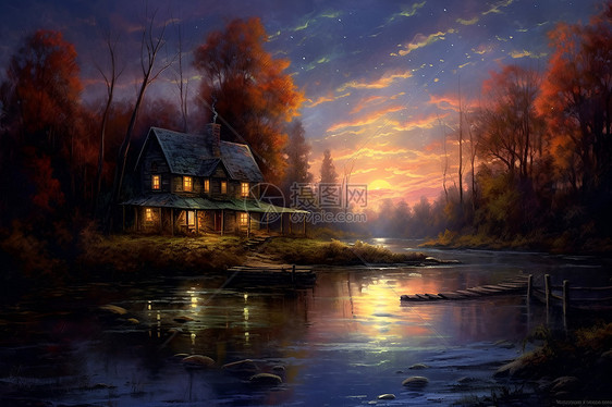 夜幕下的河边住宅图片