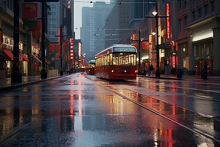 雨后街道上的公共汽车图片