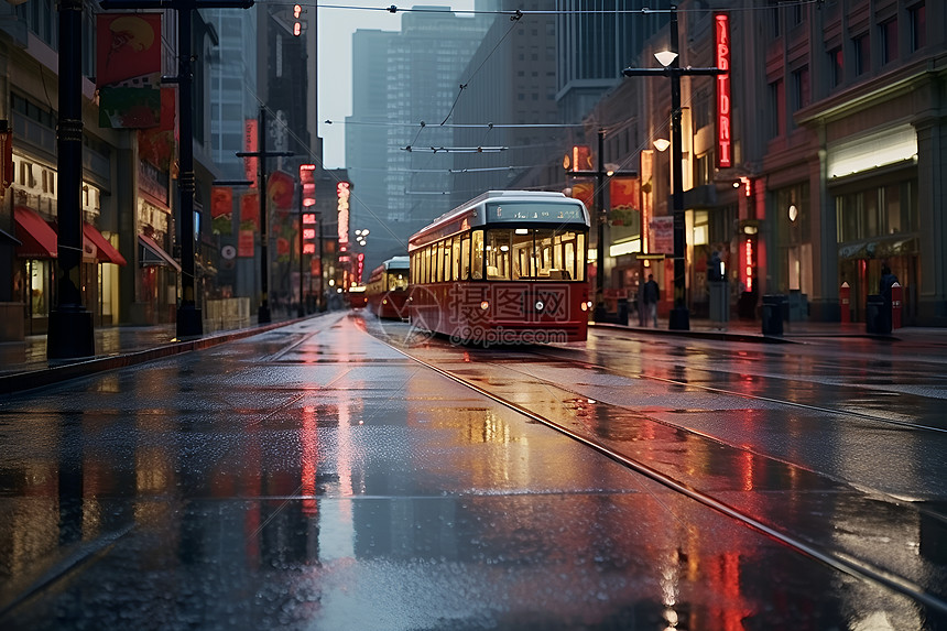 雨后街道上的公共汽车图片