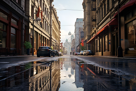 雨后积水的城市街道背景图片