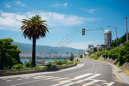 大海落日蓝天下的公路背景