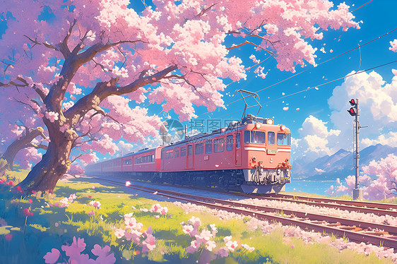 樱花树下的粉色小火车图片