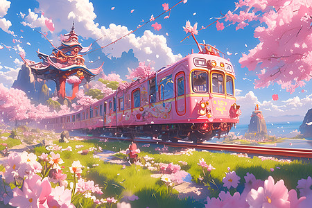 樱花花海中行驶的小火车高清图片