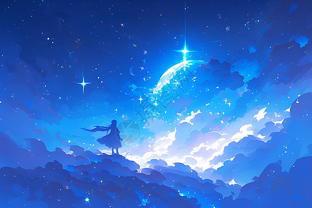 夜晚的天空仰望星辰的精灵插画