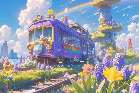 缤纷花海中的紫色火车图片
