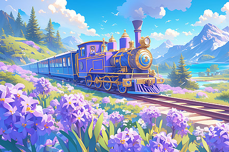 紫色列车在花海中行驶图片