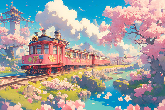 列车穿行于桃花盛开的河岸图片