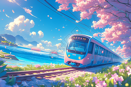 小火车穿过盛开的花海图片