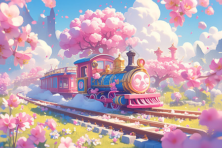 粉色火车穿越粉色花海图片
